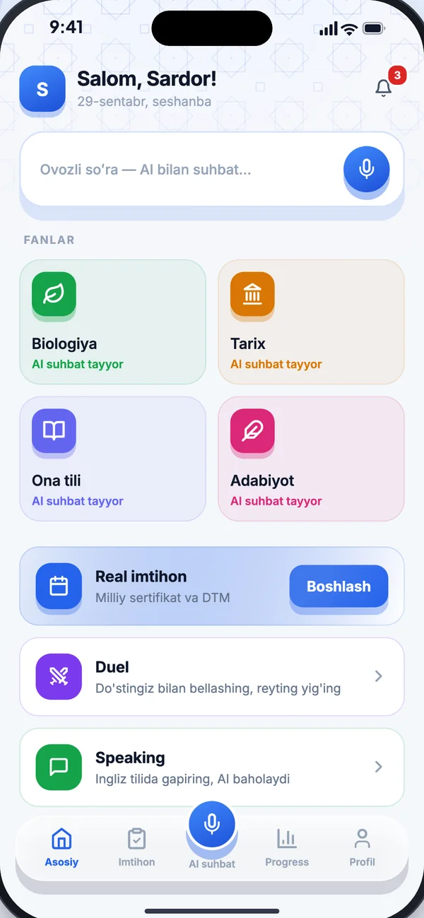 Mudarris AI ilovasi ekrani